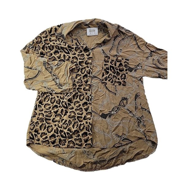 Brand Bazar Leopard Chains Straps Print Pocket Button Down Blouse Roll Tab - L - Picture 1 of 9